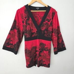 Vtg Apt 9 Top Womens PXL Babydoll Y2K Asian Red Floral Whimsigoth 90s Fairy Vamp